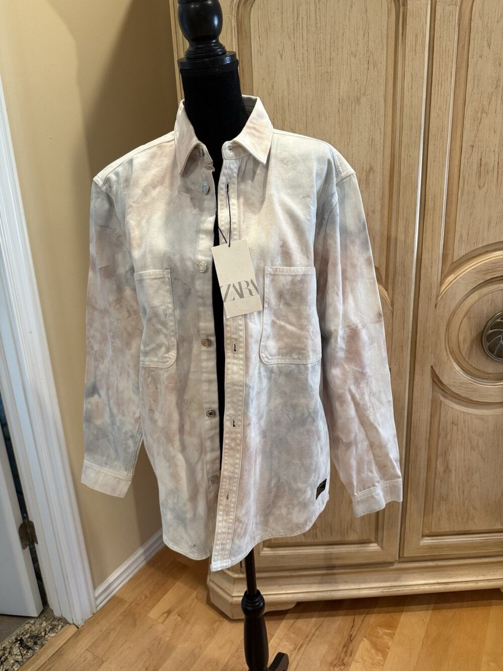 Zara Twill Workwear Jacket Mens Tie Dye Cotton Denim Button Up L NWT